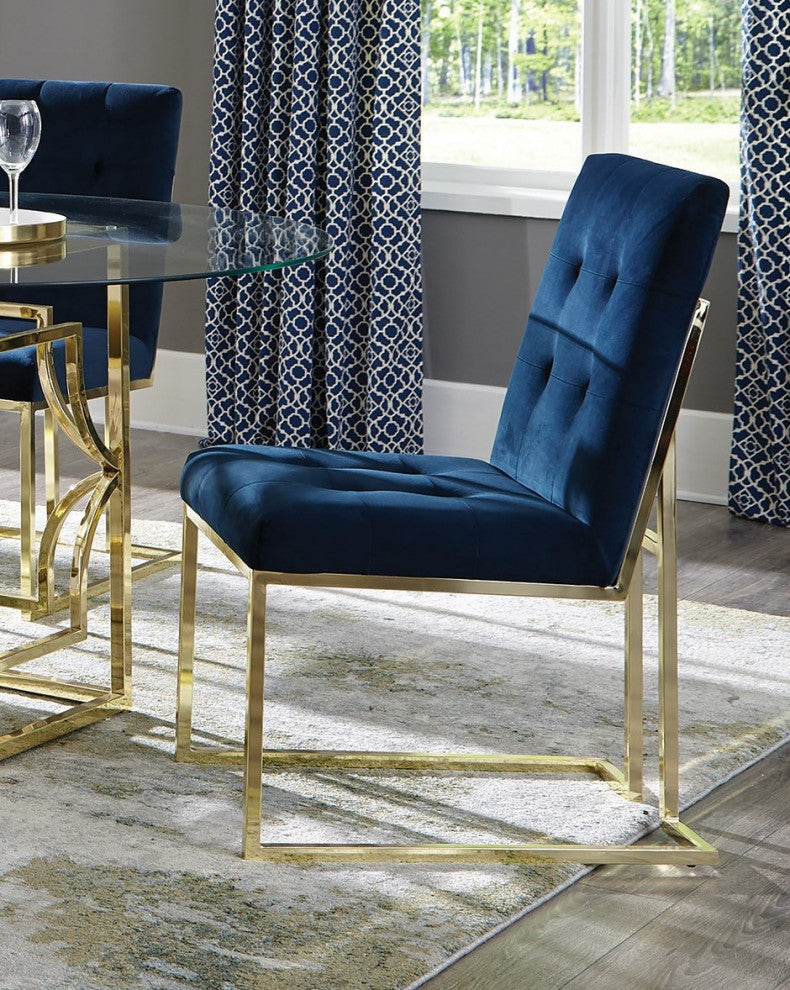 Modern Blue Upholstered Dining Side Chairs, Set of 2, Gold Base
