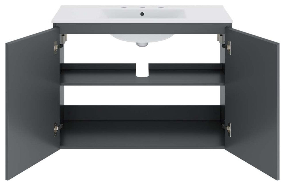 Sink Vanity Cabinet, Wall Mount, White Gray, Ceramic, Modern, Bathroom