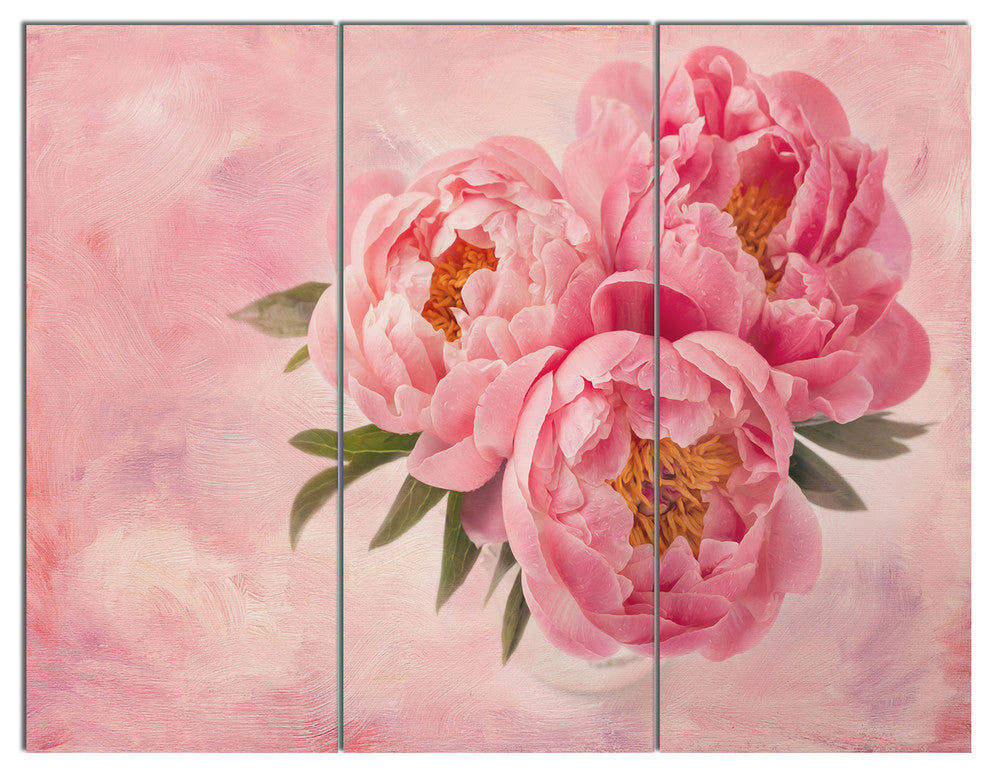 Peony Flowers in Vase on Pink, Floral Triptych Canvas Art Print, 36x28, 3 Panels