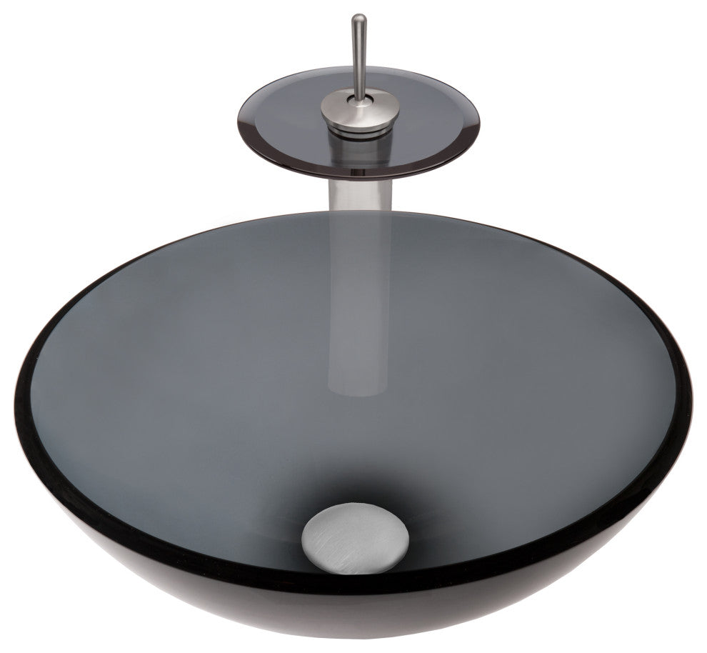 Nera Round Clear Slate Grey Glass Vessel Bath Sink Combo with Faucet and Drain, Brushed Nickel