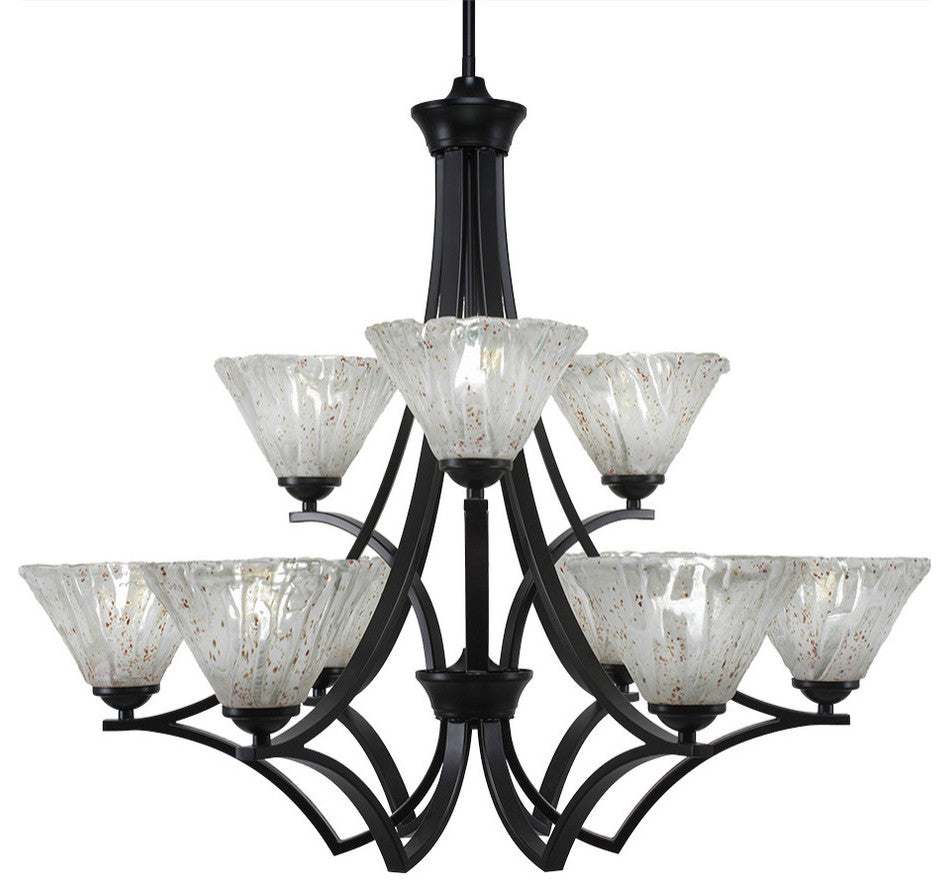 Zilo 9 Light Chandelier, Matte Black, 7" Italian Ice Glass