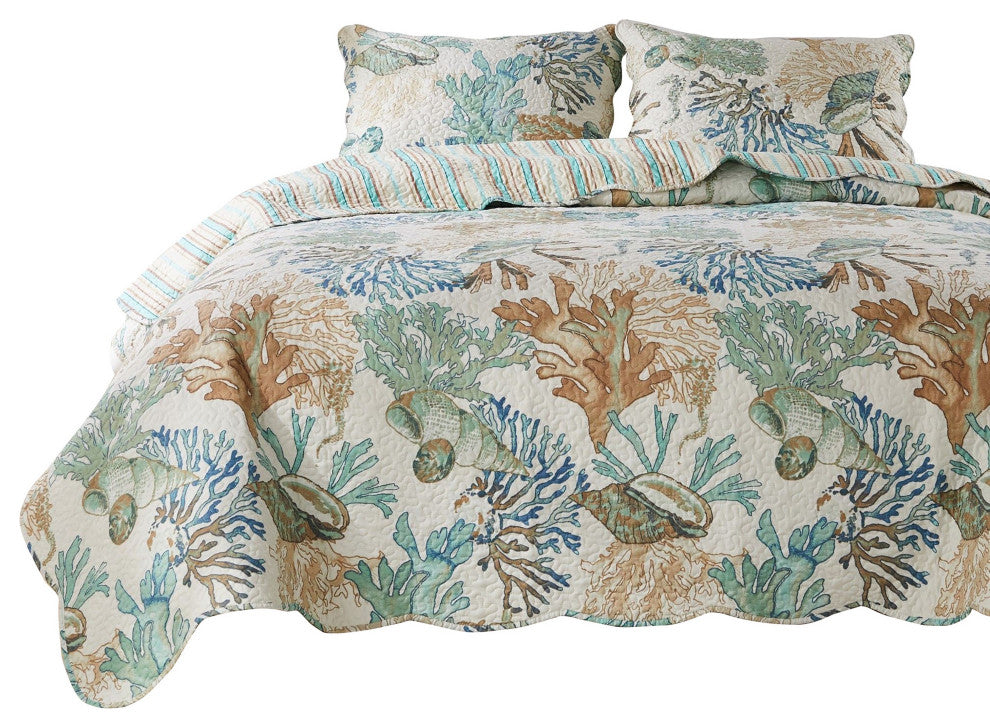 Benzara BM281993 King Quilt Set, Ocean Design, Scalloped Edges, Floral Pattern