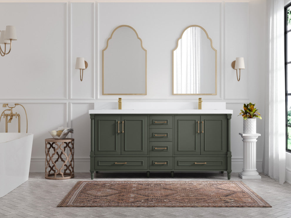 Aberdeen 72 Double Sink Bath Vanity in Pewter Green 2" White Quartz
