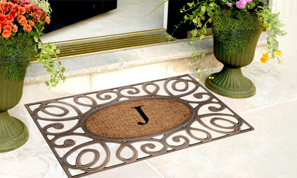 A1HC Rubber & Coir Elegant Circles Princess Doormat, Monogrammed, J