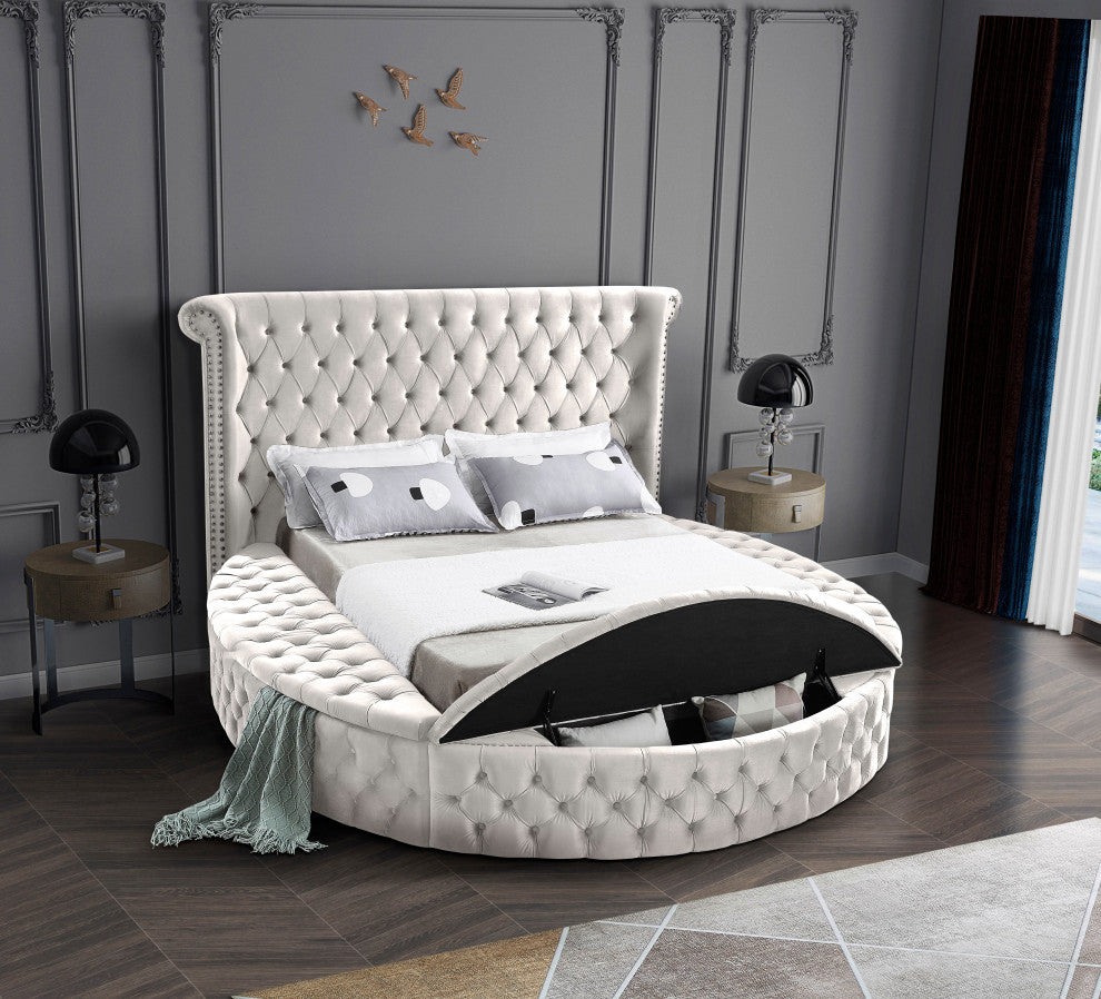 Luxus Button Tufted Velvet Round Bed, Cream, King