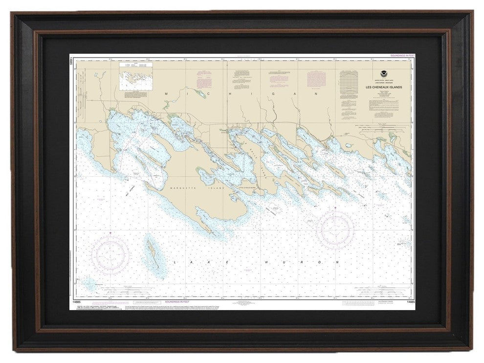 Framed Nautical Chart, Les Cheneaux Islands, Lake Huron, Michigan, 24x17
