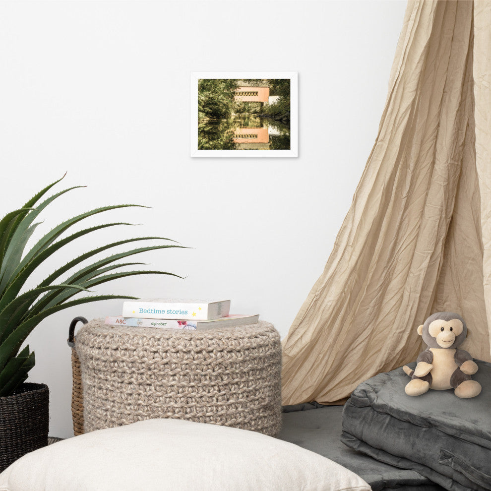 The Reflections of Wooddale Covered Bridge Aged Framed Photo Wall Art Print, White, 8" X 10"
