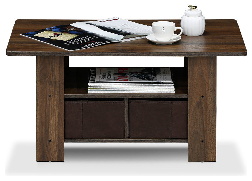 Furinno Andrey Coffee Table With Bin Drawer, Columbia Walnut/Dark Brown