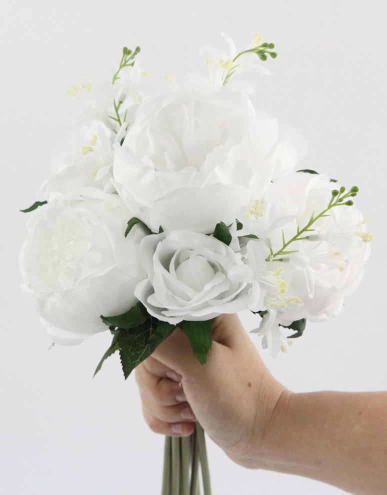 10 Stems Faux English Rose and Rose Bud Bouquet, White