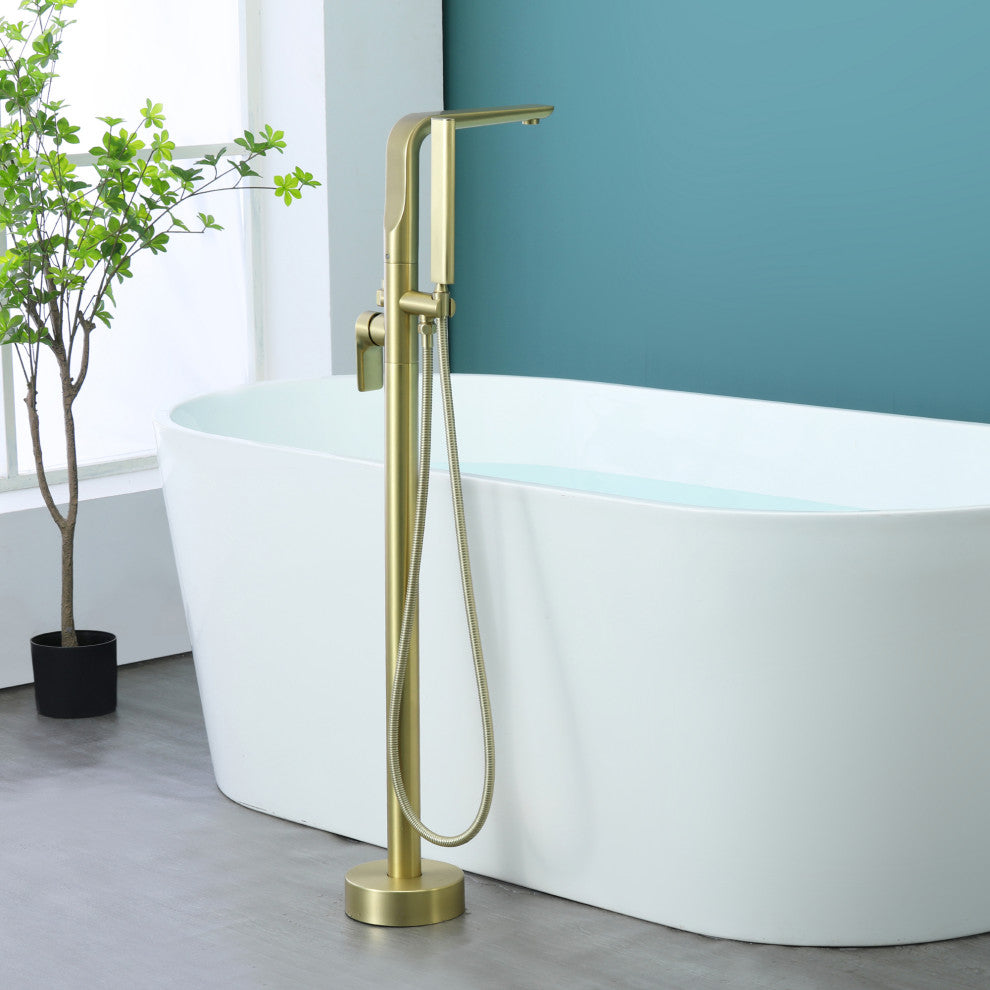 Wellfor Freestanding Faucet, Swivel Spout and Handheld Shower, 2 Handles, Brushed Gold