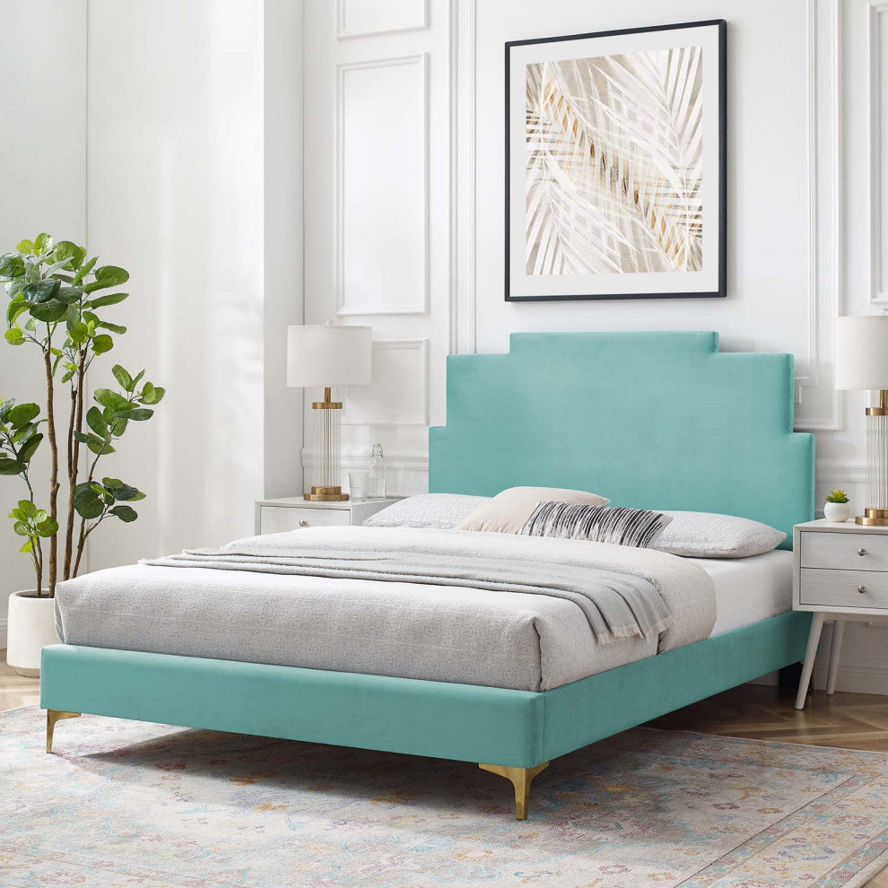 Platform Bed Frame, Queen Size, Velvet, Blue, Modern Contemporary, Bedroom