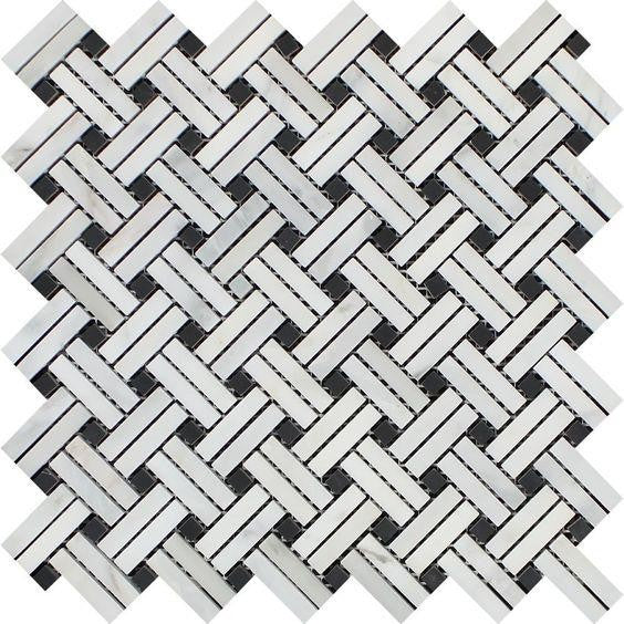 Oriental White Marble Honed Stanza Basketweave Mosaic  w/Black