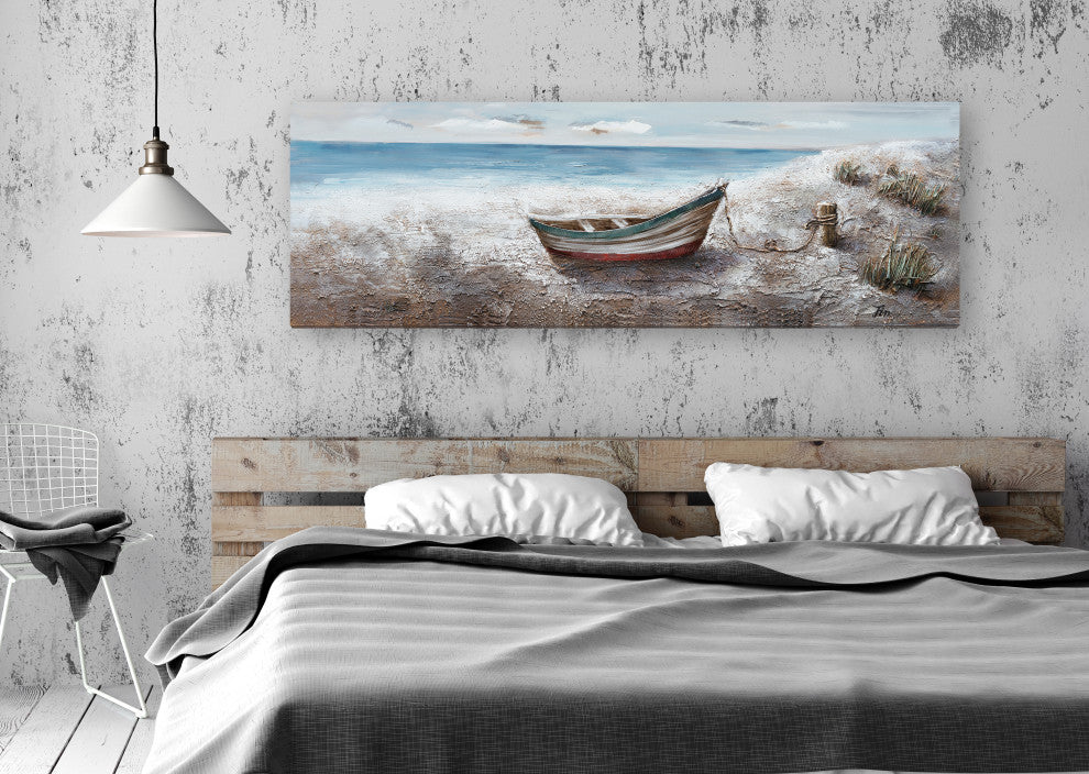 "Boat at the Lake" Hand Painted Canvas Art, 60"x20" - Wrapped Canvas Painting