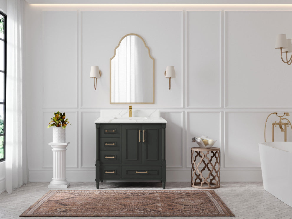 Aberdeen 36 Center Sink Bath Vanity in Black Top 1.5" Calacatta Laza
