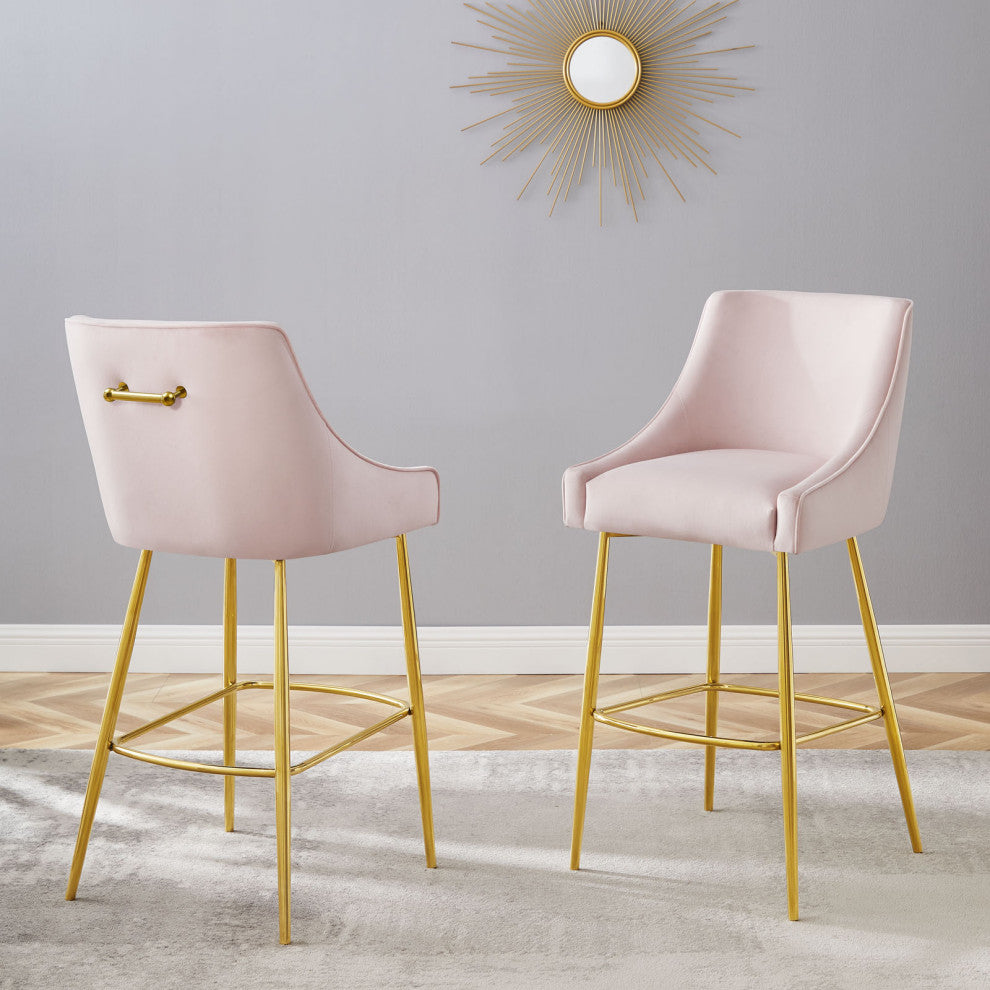 Bar Stool Chair Barstool, Set of 2, Pink, Velvet, Modern, Mid Century Lounge