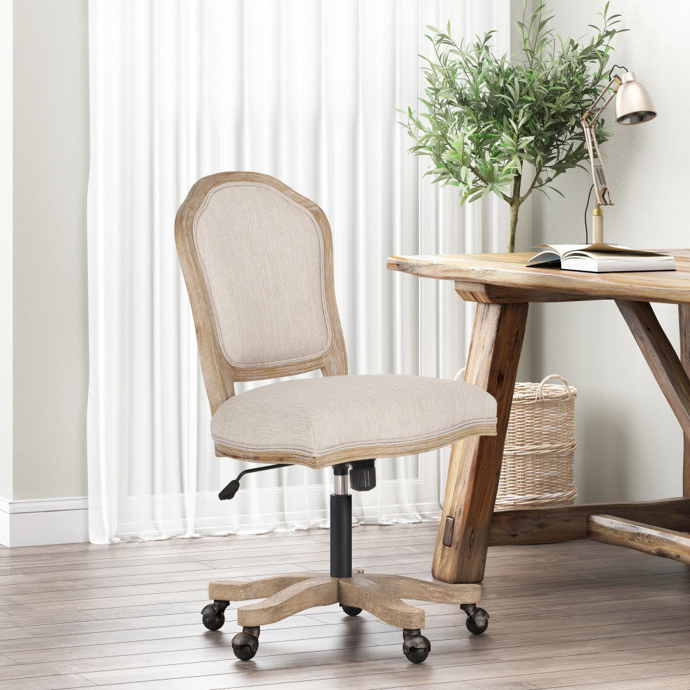 Oakes Upholstered Swivel Office Chair, Beige + Natural, 100% Polyester + Rubber Wood + Iron