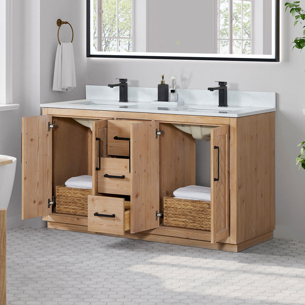 Anais Vanity Grain White Engineered Stone Countertop, Light Brown, 60", No Mirror
