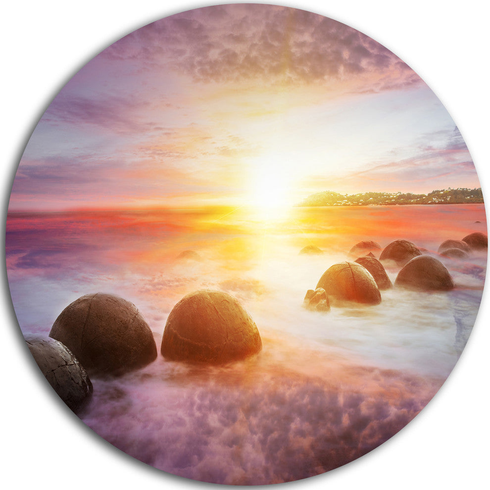 Evening Sun Over Moeraki Boulders, Seashore Photo Round Wall Art, 23"