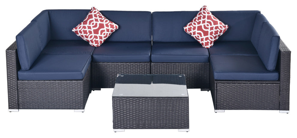 7 Pieces Outdoor Wicker U-Shaped Patio Sectional With Cushions, Dark Blue