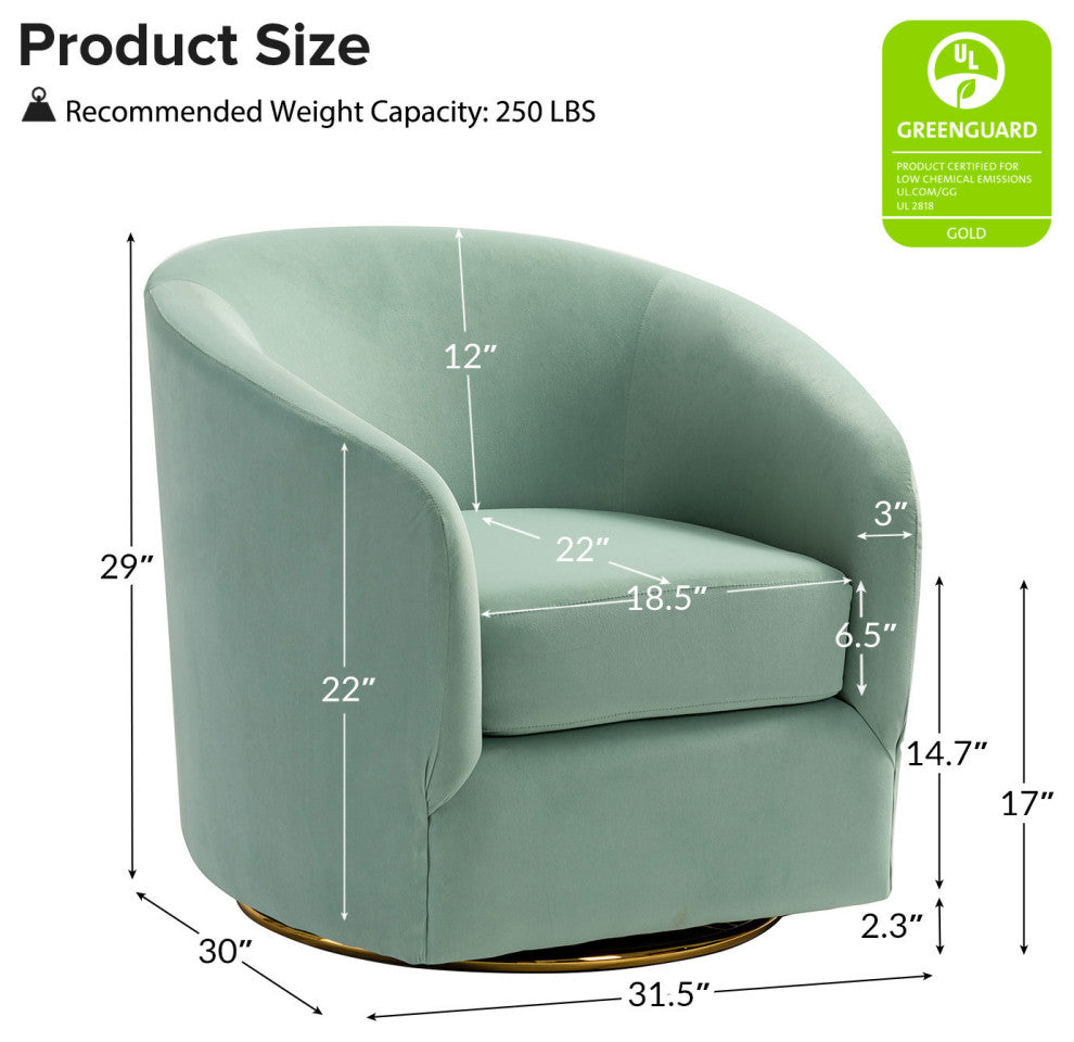 Upholstered Accent Comfy Swivel Chair With Metal Base, Sage