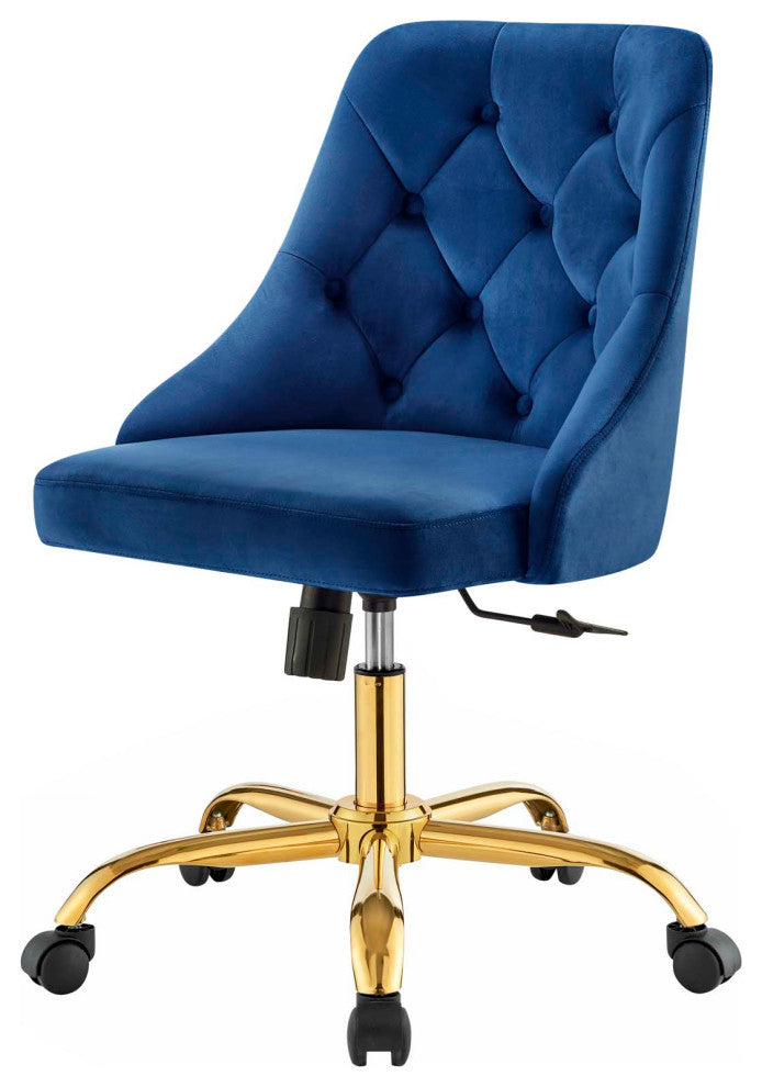 Computer Desk Swivel Tufted Chair, Velvet, Gold Blue Navy, Modern, Home Office
