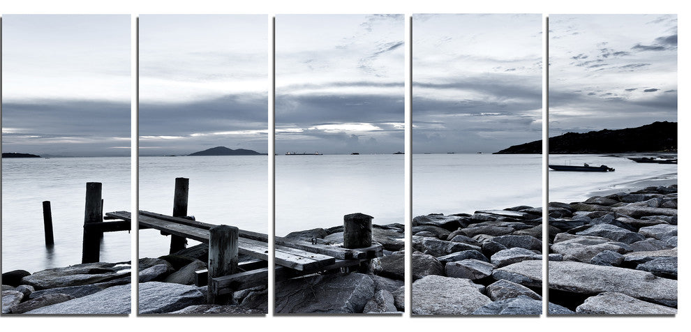 Small Sea Bridge from Rocky Beach, Landscape Canvas Art Print, 60"x28", 5 Panels