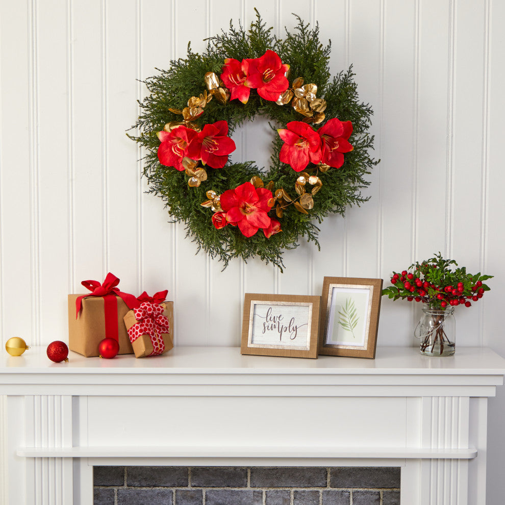 24" Cedar, Amaryllis and Metallic Eucalyptus Artificial Wreath