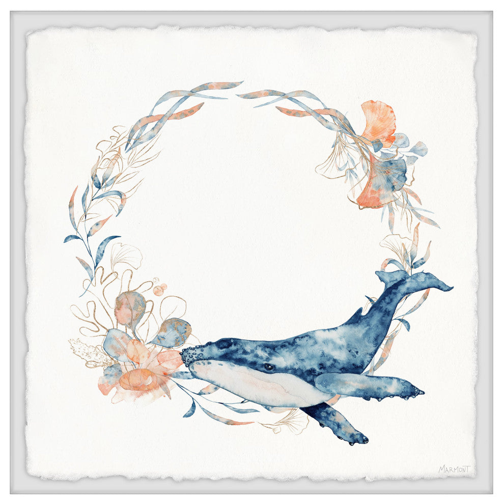 "Flower Crown Whale" Framed Painting Print, 18x18