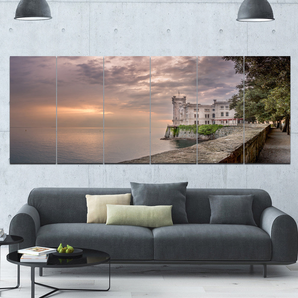 Miramare Castle at Sunset, Landscape Canvas Art Print, 70"x28", 6 Panels