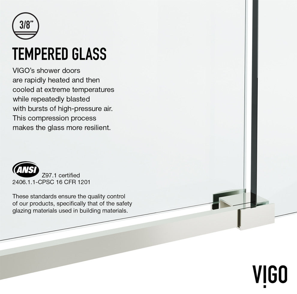 VIGO Elan Hart 56" to 60" W x 76" H Frameless Sliding Shower Door, Stainless Steel, Clear Glass