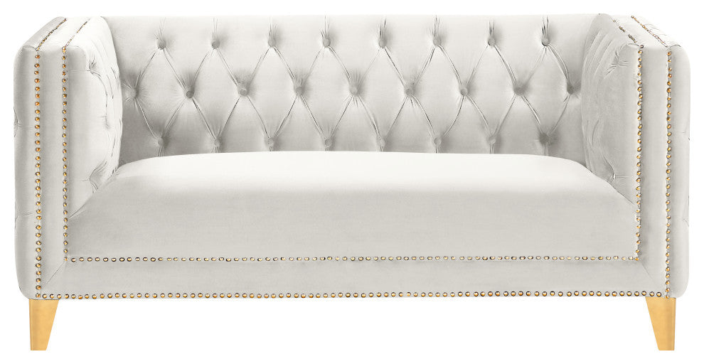 Michelle Fabric Upholstered Chair, Gold Iron Legs, Cream, Velvet, Loveseat