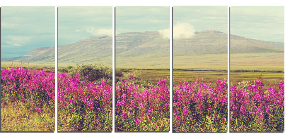 Purple Flowers and Distant Mountains, Floral Canvas Art Print, 60"x28", 5 Panels