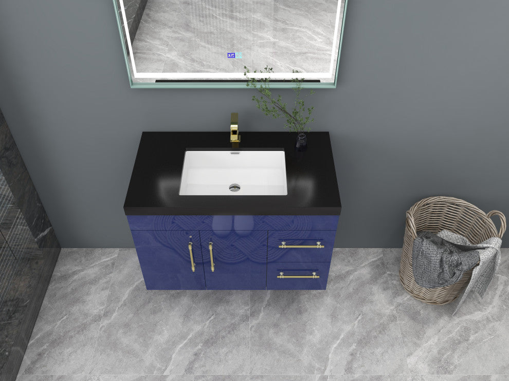 Rosa 36" Wall Mounted Modern Vanity, High Gloss Night Blue, Matt Black Top