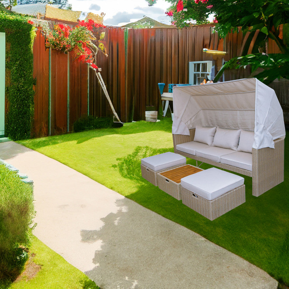 Outdoor Wicker Patio Sofa, Canopy and Ottoman Set