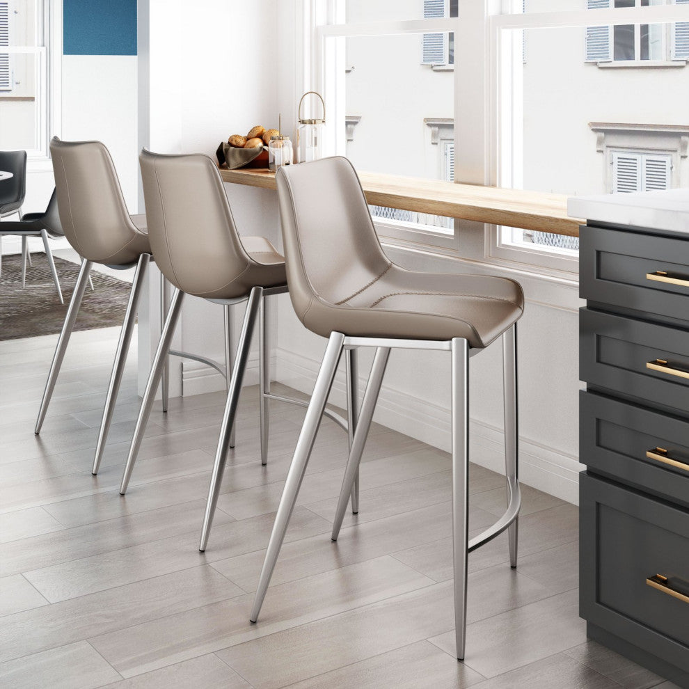 Counter Stool Chair, Set of 2, Faux Vinyl Leather, Steel, Gray, Silver