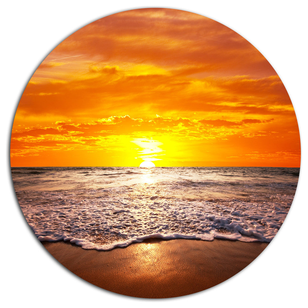 Majestic Sunset With Foaming Waves, Seashore Disc Metal Wall Art, 36"
