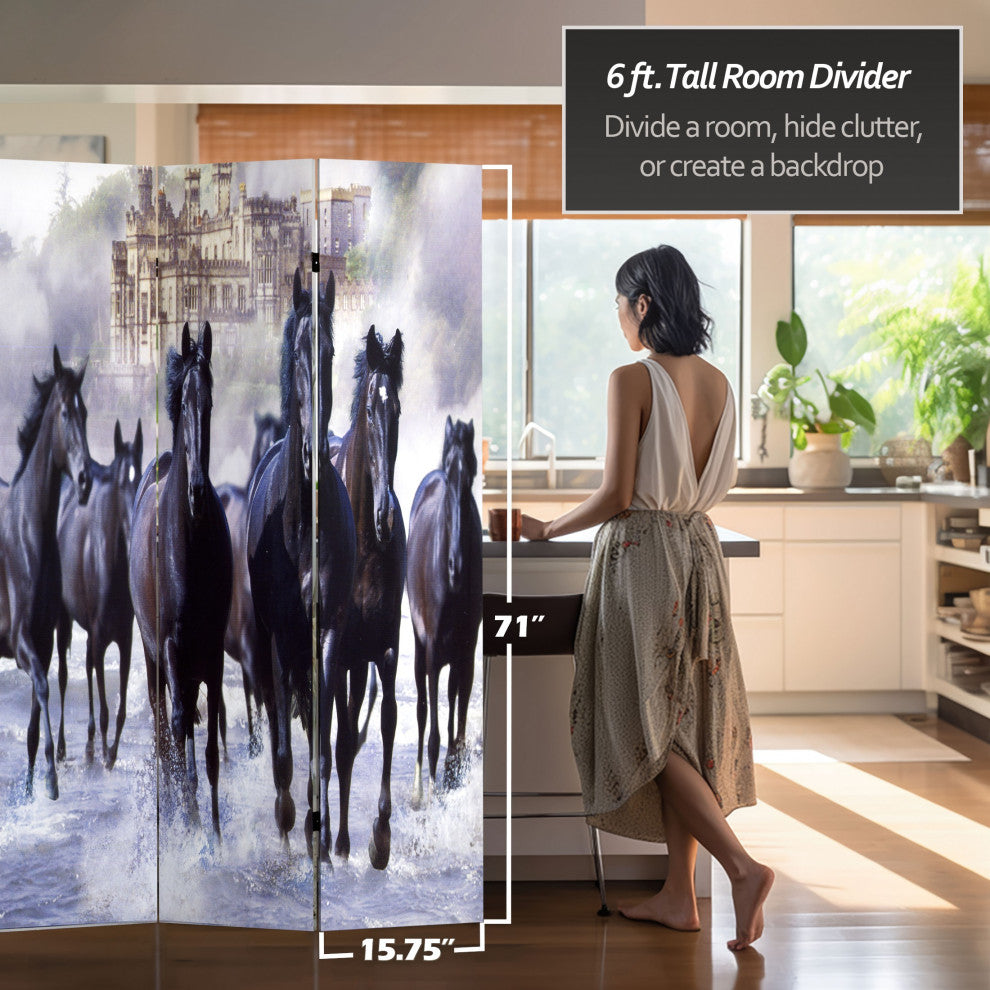 6' Tall Double Sided Horses Canvas Room Divider