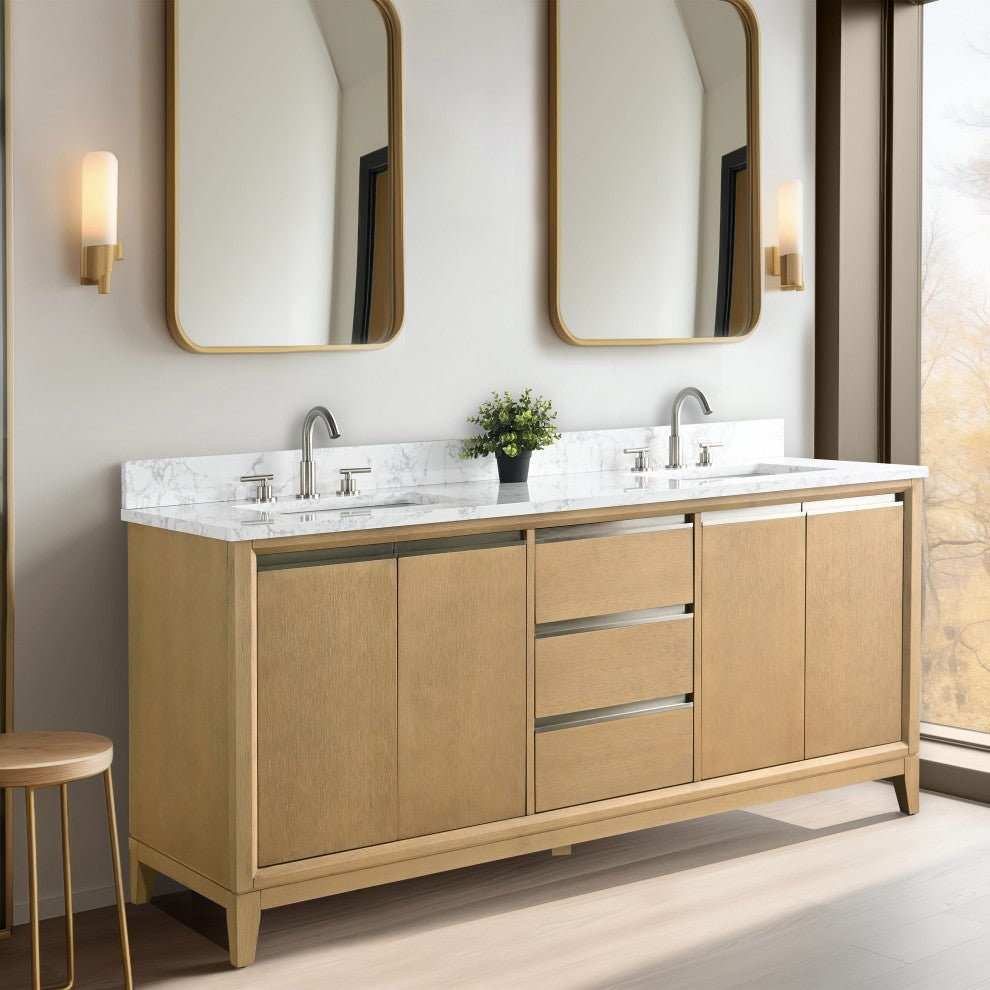 Vanity Art Bathroom Vanity With Sink, Natural Oak, 72" Double