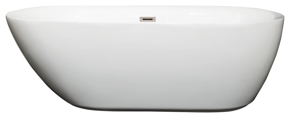 Melissa 65" Freestanding White Bathtub, Brushed Nickel Drain and Overflow Trim