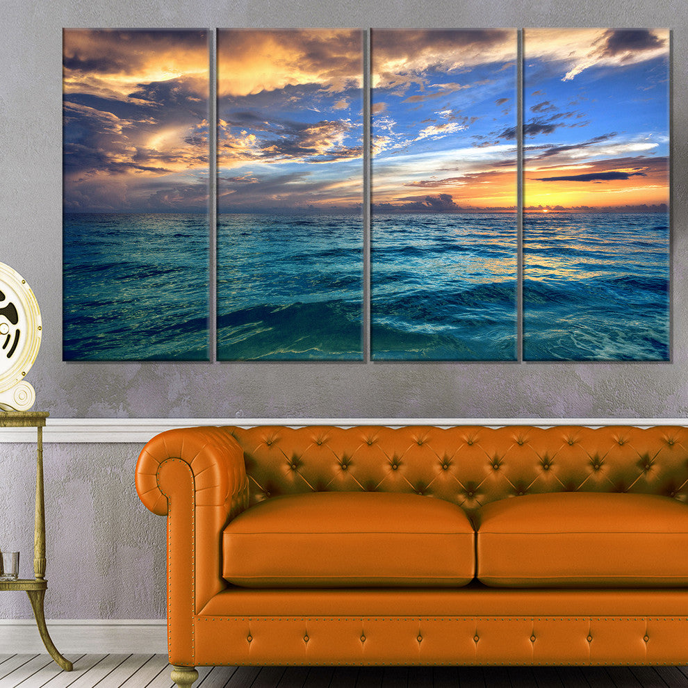 "Exotic Tropical Beach At Sunset" Modern Seashore Canvas Art, 4 Panels, 48"x28"