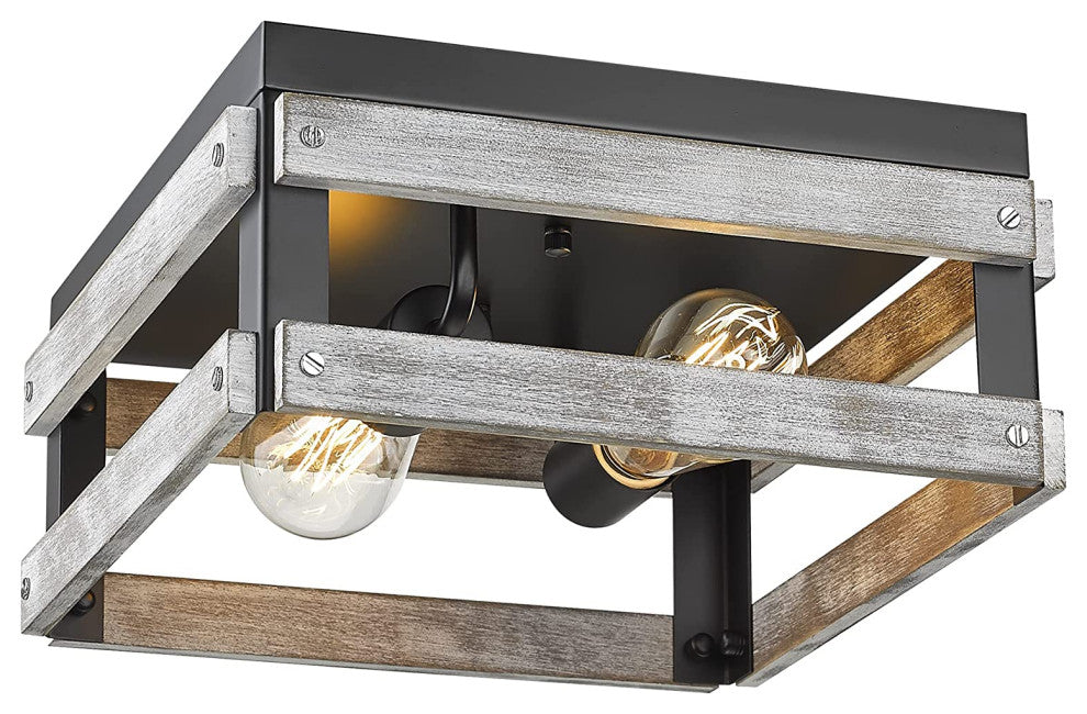 2 Light Farmhouse Close To Ceiling Lamp, Wood