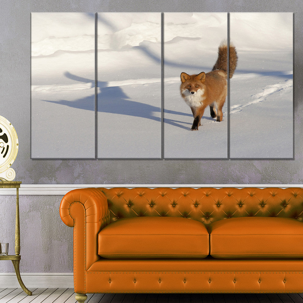 Brown Winter Cat with Footprints, Oversized Animal Wall Art, 48"x28", 4 Panels