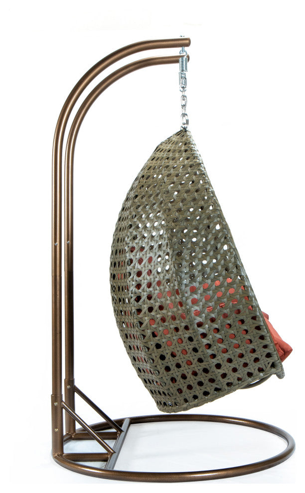 2 Person Beige Wicker Double Hanging Egg Swing Chair, Dark Orange