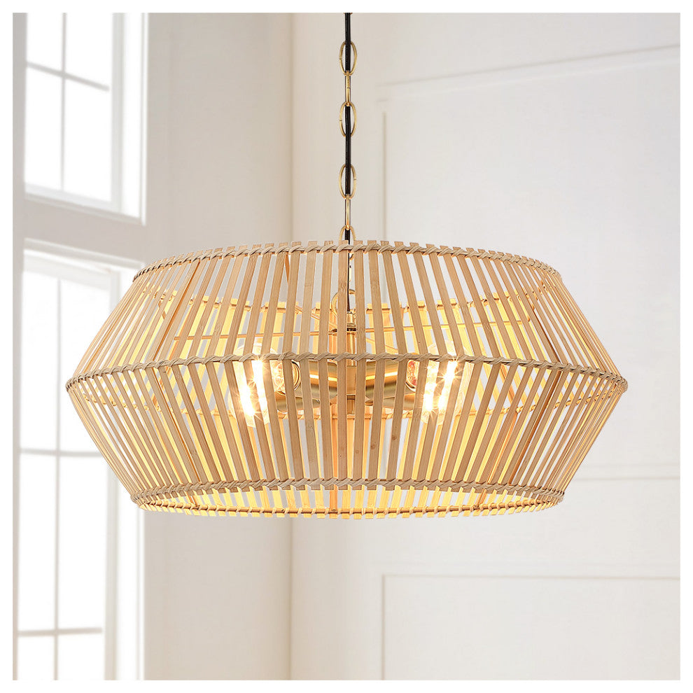22" W 4 Light Bohemian Bamboo Chandelier With Brass Canopy