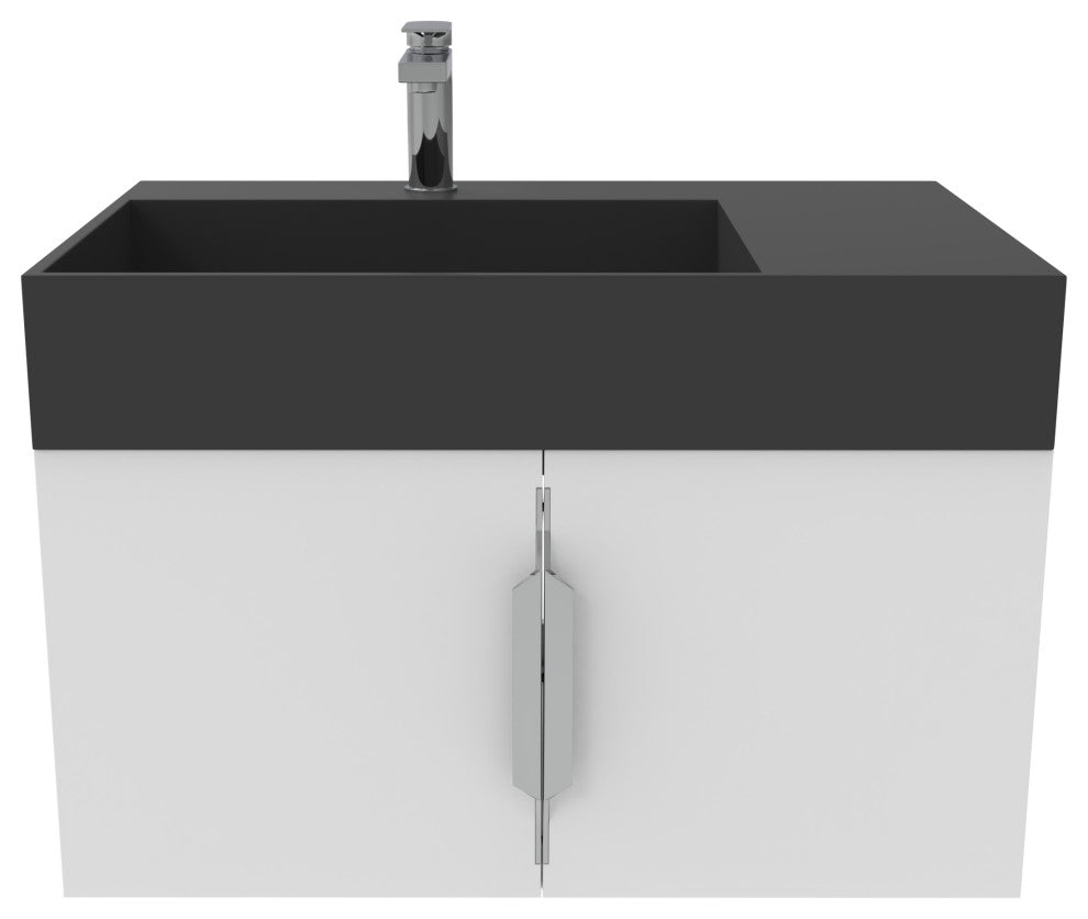 CastelloUSA Amazon 30" Left Wall Mounted Bathroom Vanity Set, White, Black Top, Brushed Nickel
