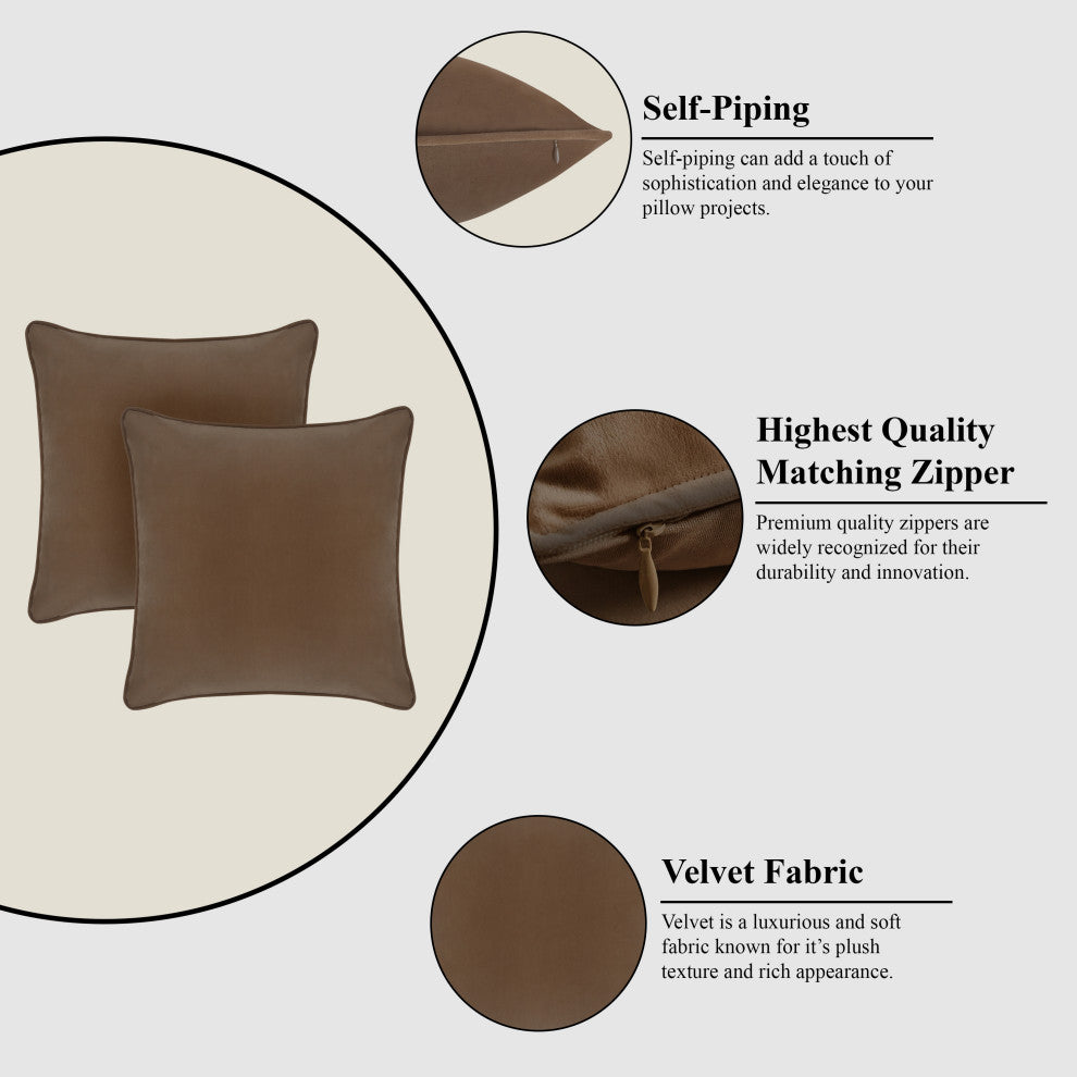 A1HC Soft Velvet Throw Pillow Covers Only, Set of 2, Cocoa, 22"x22"
