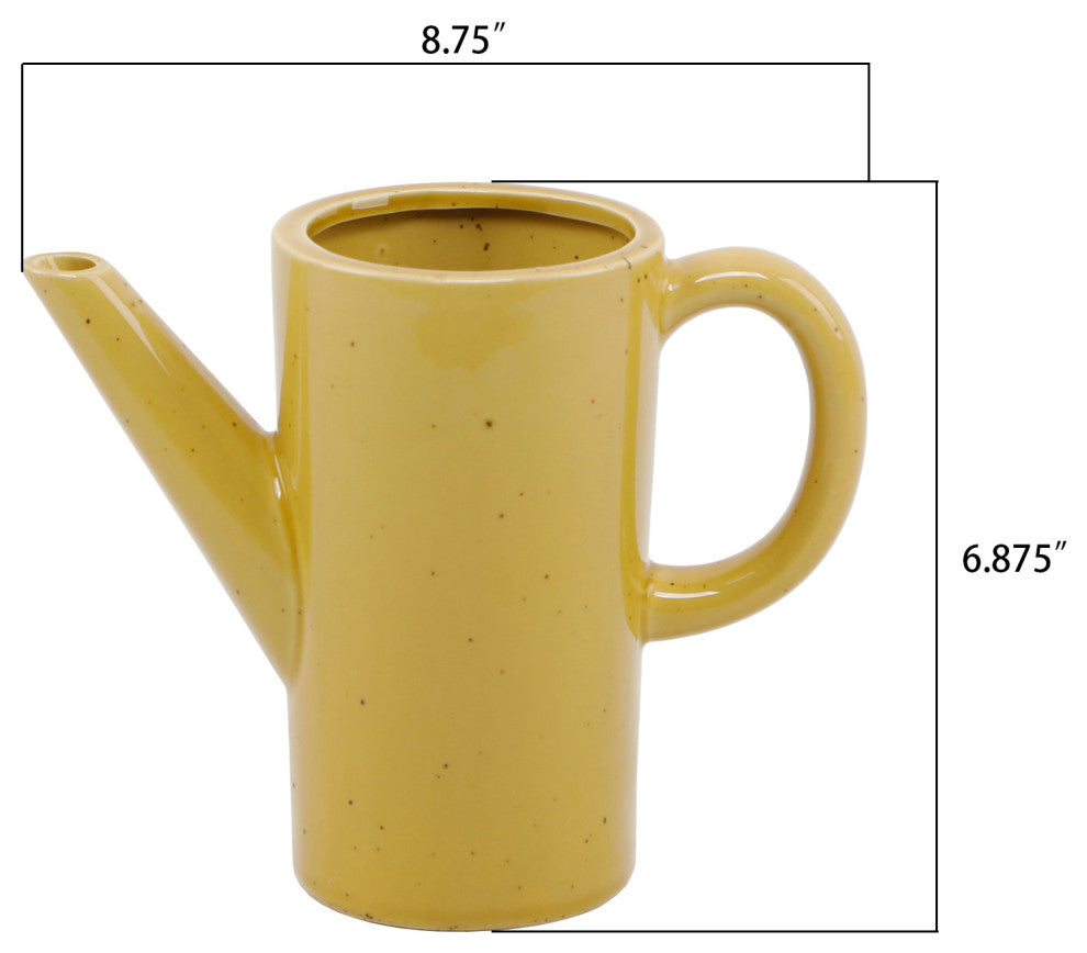 8.75" Ceramic Watering Can ,Speckle Mustard