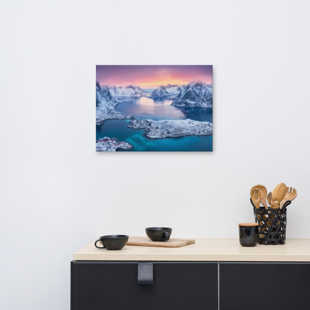 Reine at Winter Sunset Icy Mountain Landscape Photo Canvas Wall Art Prints, 18" X 24"