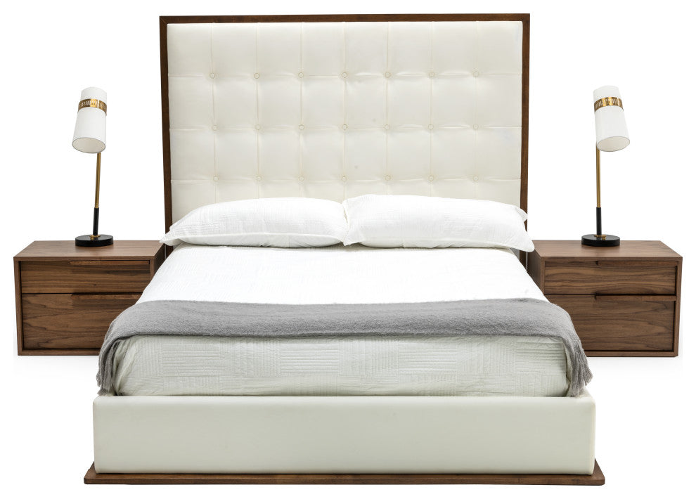 Modrest Amberlie White Vegan Leather and Walnut Bed, Queen