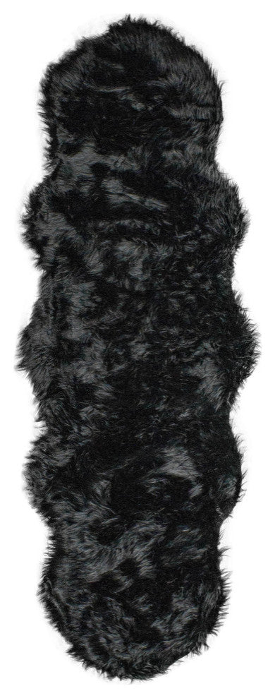 Plush and Soft Faux Sheepskin Fur Shag Area Rug, Black, 2'' X 6'' Shaped
